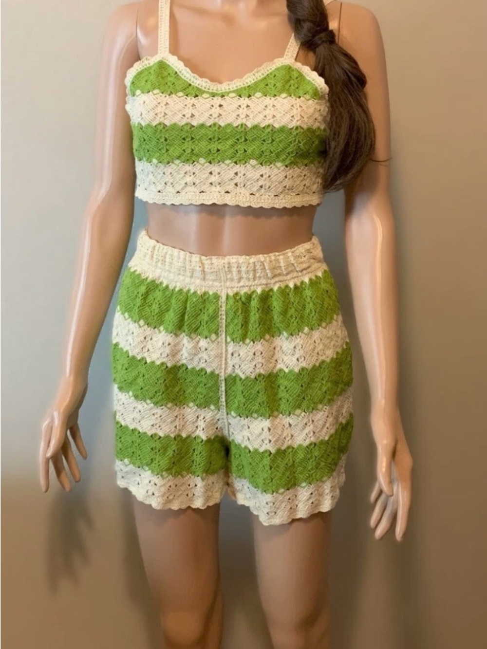 Rebellion Green & Cream Crochet Knit Shorts and Crop Top Set